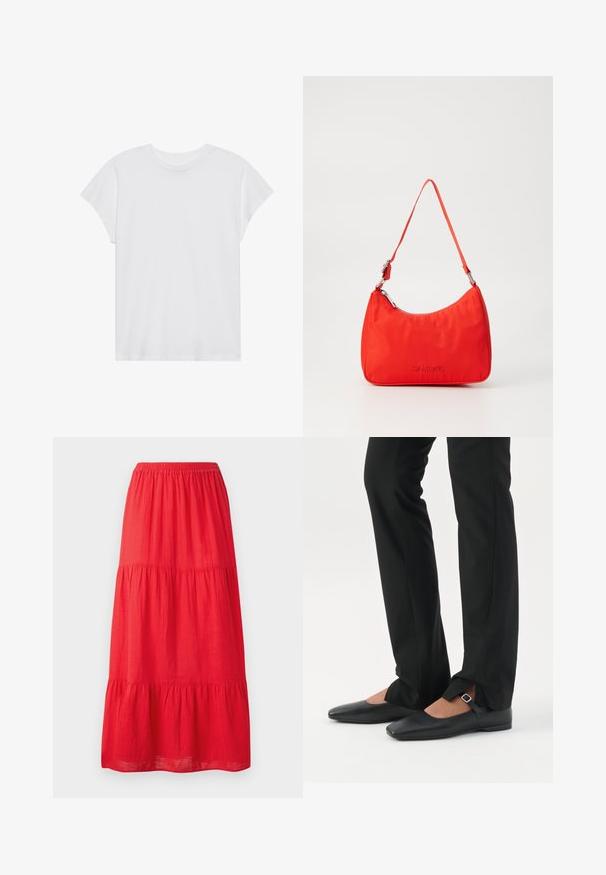 Camiseta blanca de manga corta con cuello redondo, corte relajado, hecha de suave tela de algodón. Textura lisa, sin estampados ni logotipos.; Falda maxi de algodón rojo con cinturilla elástica, que presenta tres volantes en capas y una textura suave. Diseño simple sin patrones visibles.; Piernas con pantalones ajustados negros con aberturas frontales en el dobladillo, combinados con zapatos planos Mary Jane negros con una pequeña correa con hebilla.; Bolso de mano de nylon rojo con una silueta curva, una sola correa, herrajes plateados y detalle de logo en relieve en la parte frontal. Textura suave.