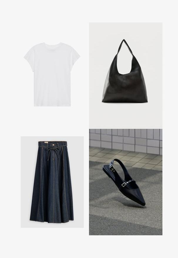 T-shirt blanc à manches courtes, col rond, coupe décontractée, en tissu de coton doux. Texture lisse, sans motifs ni logos.; Levi's® XL SKIRT - Jupe en jean - square circle; Mocassin noir à bout pointu et bride arrière, avec double boucle, posé sur un asphalt gris près d'un mur carrelé en arrière-plan.; Sac bandoulière en cuir noir lisse avec une large sangle unique et un design décontracté et minimaliste sur un fond uni.