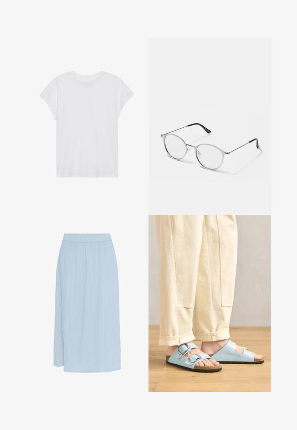 T-shirt blanc à manches courtes, col rond, coupe décontractée, en tissu de coton doux. Texture lisse, sans motifs ni logos.; Jupe bleu clair, longueur genou, en tissu texturé avec des plis, dotée d'une taille élastique et d'une fente sur le côté pour faciliter les mouvements.; Sandales ouvertes bleu clair avec double boucles, semelle en liège et semelle en caoutchouc noir, accompagnées de pantalons larges crème.; Lunettes en métal argenté avec des verres ronds et une fine monture. Les embouts de branches noirs offrent un contraste. Plaquettes de nez ajustables incluses.