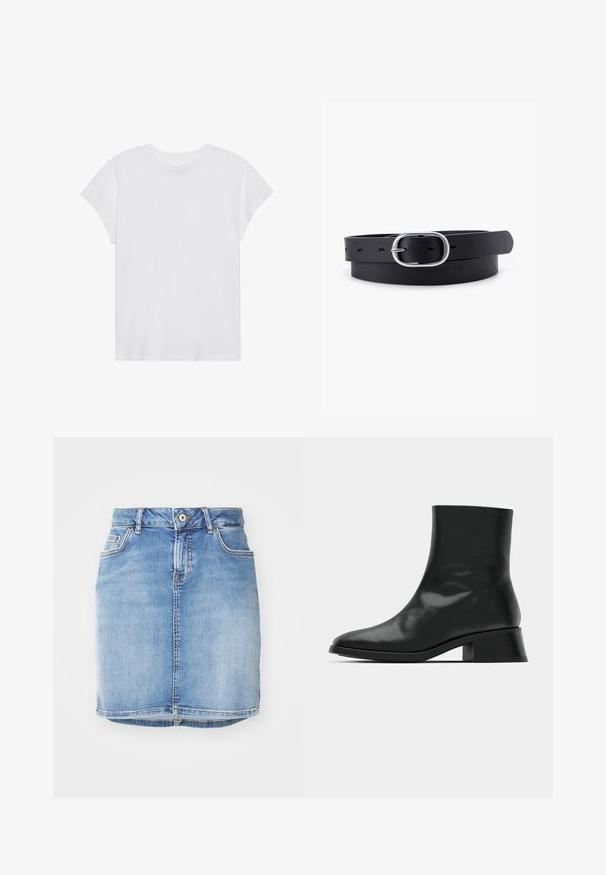 Hvid kortærmet t-shirt med rund hals, afslappet pasform, lavet af blødt bomuldsstof. Glat tekstur, ingen mønstre eller logoer.; Lyseblå denimnederdel med et tætsiddende design, fem lommer og synlige sømme. Har en frontknaplukning og detaljer med frynser i kanten.; Sort ankelstøvle lavet af blank læder, med et strømlinet design, spids tå og en moderat blokhælhøjde for stabilitet.; Sort læderbælte med en glat overflade, oval sølvmetalspænde og flere justeringshuller langs stroppen. Flad, minimalistisk design.