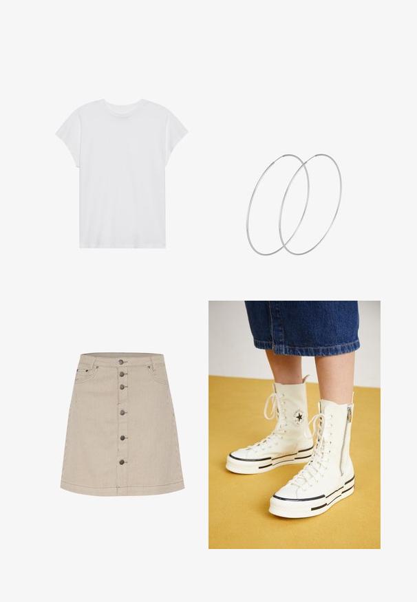 Hvid kortærmet t-shirt med rund hals, afslappet pasform, lavet af blødt bomuldsstof. Glat tekstur, ingen mønstre eller logoer.; Beige stribet denim nederdel med en flagrende form, der har en lukning med knapper foran, to sidelommer og subtile syninger.; Hvide høj-top sneakers med lynlåslukning, snørresystem og sorte striber på en tyk sål. Tekstureret kanvasmateriale.; Sølvøreringe med et minimalistisk design. Cirkulær form, glat tekstur og tynd profil. Letvægtige med en poleret overflade.