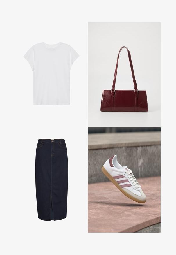 Hvid kortærmet t-shirt med rund hals, afslappet pasform, lavet af blødt bomuldsstof. Glat tekstur, ingen mønstre eller logoer.; Mørk denim maxi-nederdel med en frontslids. Har orange syninger og et klassisk fem-lomme design. Knaplukning i taljen.; Hvid og pink Adidas Samba sneaker med gummisål, der svæver over en stenoverflade med en sløret stenvæg i baggrunden.; Bordeaux håndtaske lavet af glansfuldt materiale, rektangulær form, med to skulderremme og subtile buede detaljer på forsiden.