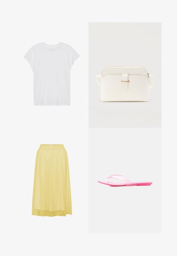 Hvid kortærmet t-shirt med rund hals, afslappet pasform, lavet af blødt bomuldsstof. Glat tekstur, ingen mønstre eller logoer.; Gul, plisseret midiskirt med en blød, blank overflade og elastisk talje, designet til komfort og bevægelsesfrihed.; Transparent pink flad sandal med en enkelt bred rem, der krydser toppen, vist fra siden på en hvid baggrund.; Hvid tekstureret syntetisk skuldertaske med guldfarvede metaldele, lynlåslukning og en frontstropdetalje. To sidelommer til bæring.