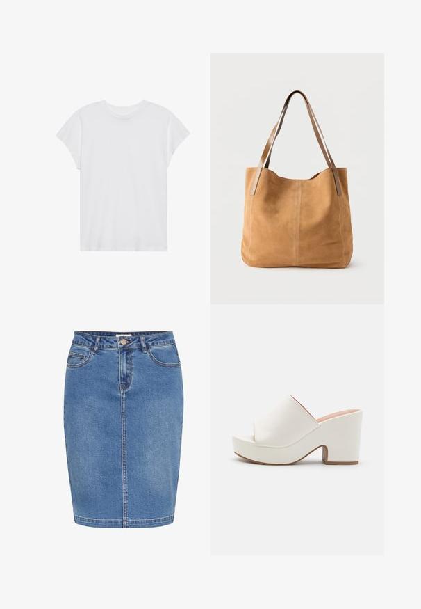 Witte t-shirt met korte mouwen, ronde hals, relaxte pasvorm, gemaakt van zacht katoen. Glad textuur, geen patronen of logo's.; Denim rok in lichtblauw met een aansluitend ontwerp, sluiting met knopen aan de voorkant, vijf zakken en contrasterende stiksels langs de naden.; Witte platform mules met een gladde afwerking, open teen ontwerp en een chunky hak. Kenmerkt zich door een subtiele bovennaad en een contrasterende zool.; Beige suède totebag met lange lichtbruine leren hengsels, zachte textuur en eenvoudige stiksels op een effen witte achtergrond.