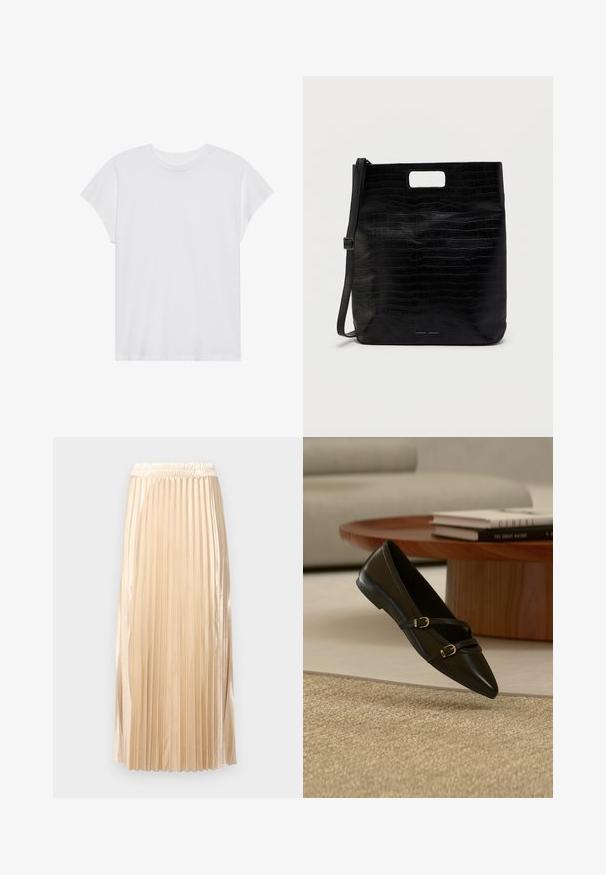 Hvid kortærmet t-shirt med rund hals, afslappet pasform, lavet af blødt bomuldsstof. Glat tekstur, ingen mønstre eller logoer.; Plisseret midiskirt i lys beige satin med elastik i taljen og glat overflade, med lodrette striber der fremhæver designet.; Sort flad sko med spids snude og to tynde remme med spænder, der svæver over et beige tæppe, med et bord i træ og bøger i baggrunden.; Sort faux læder tote taske med krokodilletekstur, rektangulær form, håndtagsskæring i toppen og en aftagelig skulderstrop. Brandlogoet er vist.