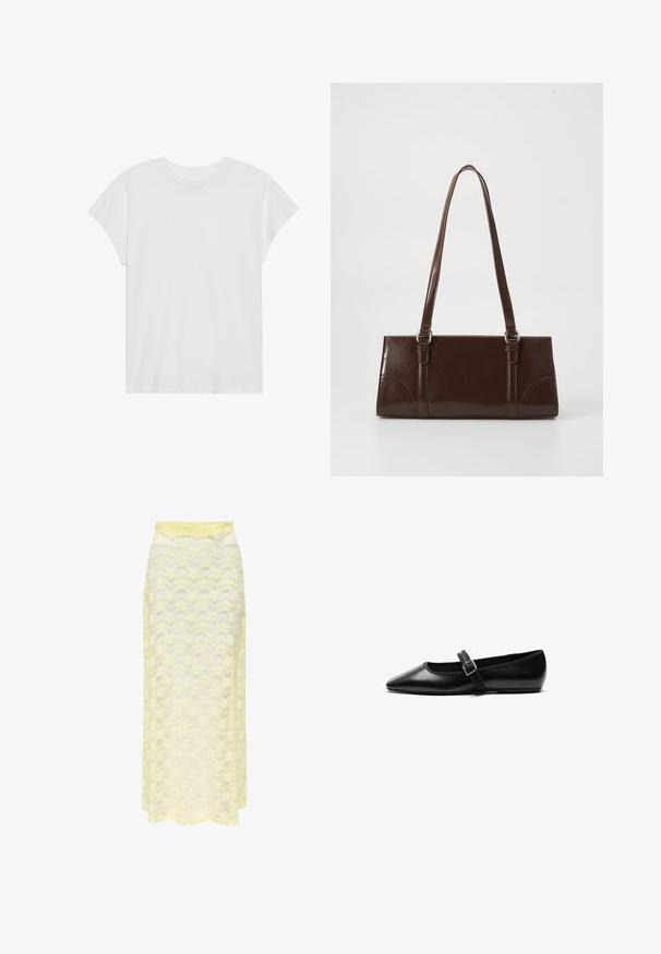 Camiseta blanca de manga corta con cuello redondo, corte relajado, hecha de suave tela de algodón. Textura lisa, sin estampados ni logotipos.; Falda maxi amarilla de encaje con un patrón ondulado, que cuenta con una cinturilla lisa y una textura suave y translúcida. Diseñada para una silueta ligera y fluida.; Zapato plano negro de cuero con punta afilada, correa ajustable con hebilla de metal, textura suave y diseño minimalista.; Bolso de mano de piel sintética marrón con forma rectangular, dos asas largas y sutiles acentos curvados en la parte delantera.
