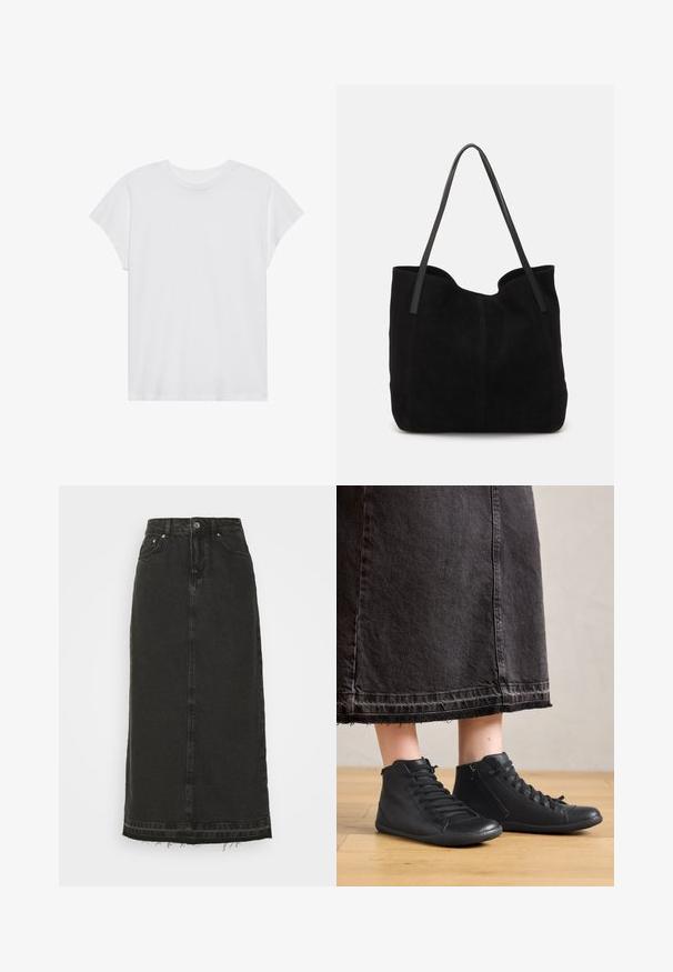Hvid kortærmet t-shirt med rund hals, afslappet pasform, lavet af blødt bomuldsstof. Glat tekstur, ingen mønstre eller logoer.; Sort denim midi-nederdel med en tætsiddende talje, frontknaplukning og frynset kant. Har klassisk fem-lomme-design og let struktur.; Sorte læder høje sko med en glat overflade, der har snørebånd og en sidezipper. Båret med en lang sort denimnederdel.; Sort ruskinds totemed med to lange, flade læderremme. Har en buet topkant og synlige stikninger langs forsiden. Ingen hardware-dekorationer.