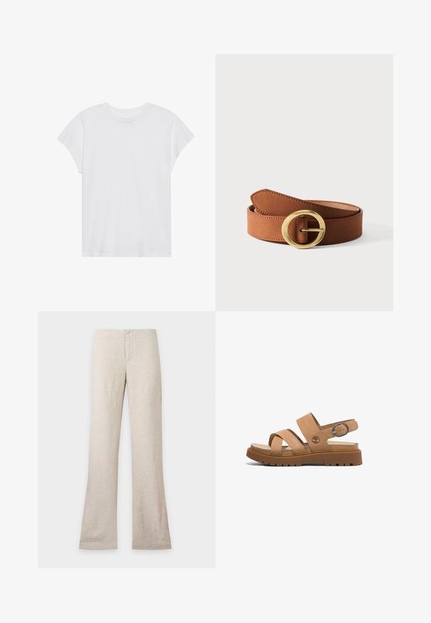 Hvid kortærmet t-shirt med rund hals, afslappet pasform, lavet af blødt bomuldsstof. Glat tekstur, ingen mønstre eller logoer.; Beige hørbukser med lige ben og skjult frontlukning, vist fladt på en ensfarvet lys baggrund. Ingen synlige lommer eller detaljer.; Brune lædersandaler med to brede stropper, en bagstrop med en metalspænde og en kraftig gummisål med et struktureret mønster.; Brunt læderbælte med rund guldmetalspænde, rullet sammen på en ensartet hvid baggrund.