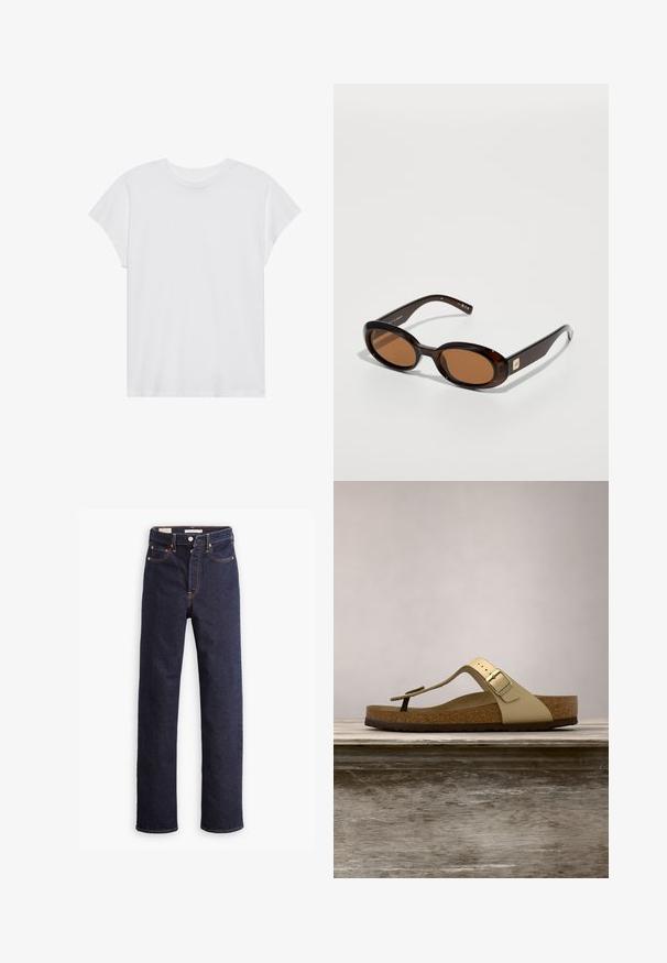 T-shirt blanc à manches courtes, col rond, coupe décontractée, en tissu de coton doux. Texture lisse, sans motifs ni logos.; Jean en denim droit bleu foncé avec cinq poches et coutures orange visibles sur un fond blanc.; Sandale avec semelle en liège de couleur or clair, dotée d'un design à tongs et d'une boucle ajustable. Présente une semelle extérieure texturée pour une meilleure adhérence. Schéma de couleurs neutres.; Lunettes de soleil écaille de tortue marron avec des verres ovales, dotées d'une fine monture et d'un petit accent métallique sur le côté. Fini texturé et poli.