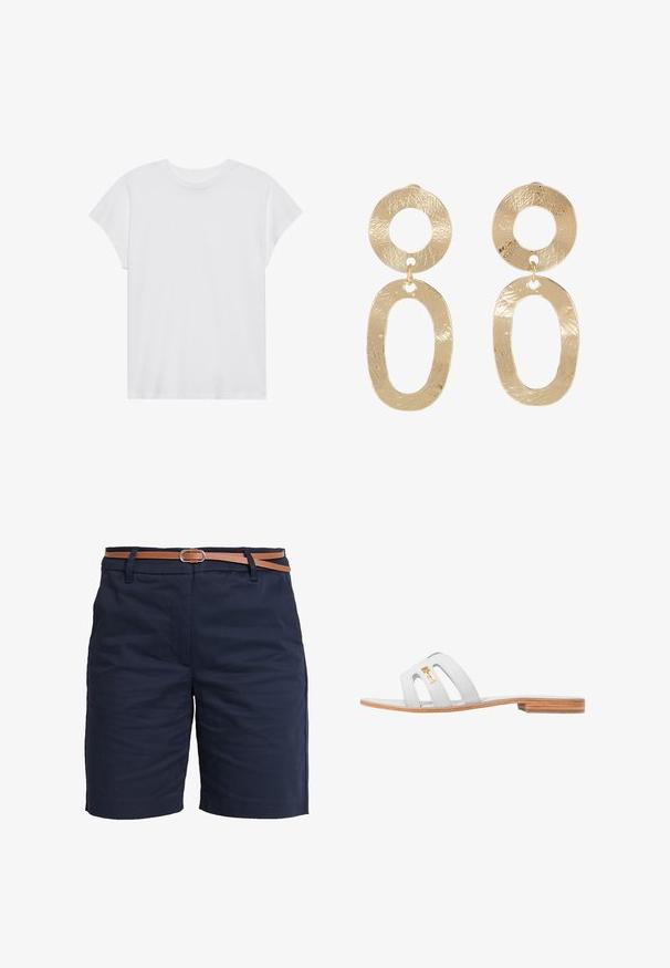 Camiseta blanca de manga corta con cuello redondo, corte relajado, hecha de suave tela de algodón. Textura lisa, sin estampados ni logotipos.; Pantalones cortos de algodón azul marino con una textura suave, que presentan un cinturón de cuero marrón y un corte recto clásico. Sin patrones visibles ni adornos.; Sandalia deslizante de cuero gris con tres correas cortadas, suela de madera plana y un acento dorado del logo en la correa superior.; sweet deluxe Pendientes - gold-coloured