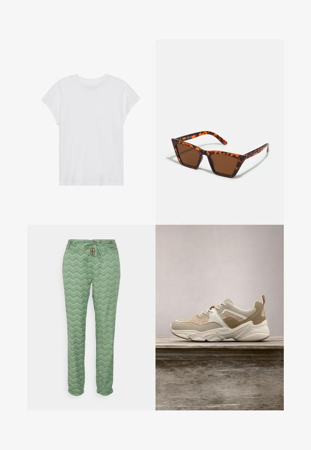 T-shirt blanc à manches courtes, col rond, coupe décontractée, en tissu de coton doux. Texture lisse, sans motifs ni logos.; Ragwear TALIN CHEVRON - Pantalon classique - dusty green; Baskets légères avec une tige en mesh beige, des accents blancs et des détails texturés en tan. Semelle en caoutchouc épaisse avec un motif ondulé unique.; Lunettes de soleil teintées de brun avec un motif écaille de tortue, monture angulaire et branches fines. Matériau en plastique léger.
