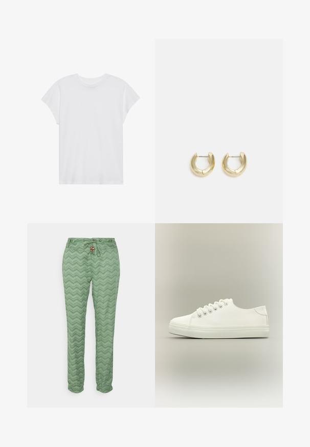Hvid kortærmet t-shirt med rund hals, afslappet pasform, lavet af blødt bomuldsstof. Glat tekstur, ingen mønstre eller logoer.; Ragwear TALIN CHEVRON - Bukser - dusty green; Hvid lavtop sneaker med hvide snørebånd og gummisål vist fra siden på en neutral baggrund.; Guld-tone hoop øreringe med en glat, poleret overflade. Har en halvcirkelform og en sikker stiftlukning.