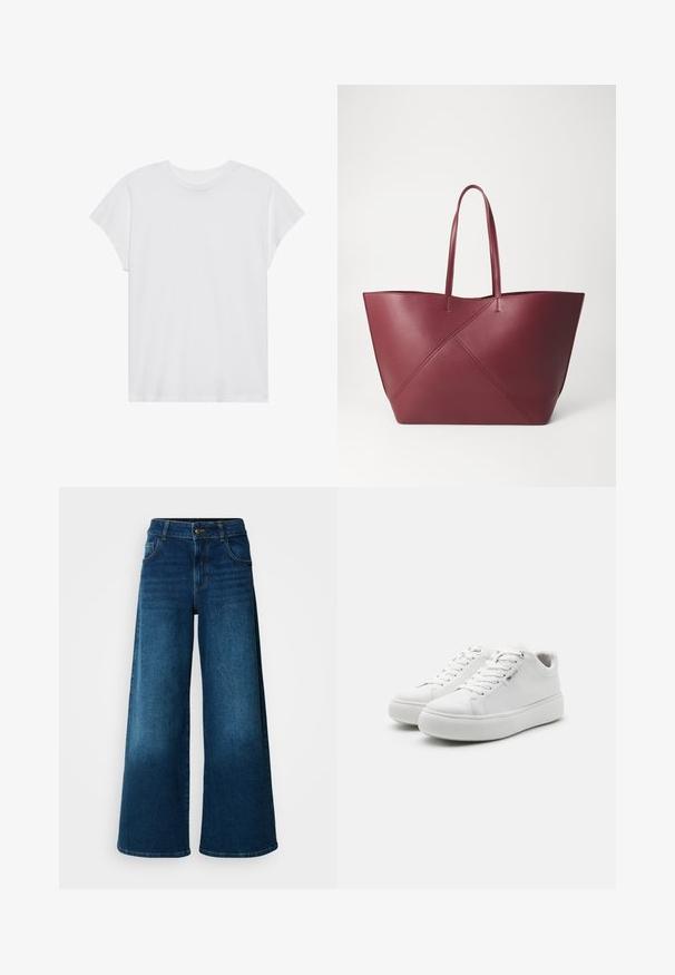Hvid kortærmet t-shirt med rund hals, afslappet pasform, lavet af blødt bomuldsstof. Glat tekstur, ingen mønstre eller logoer.; Viddejeans lavet af mørkeblå denim. Har høj talje, knaplukning og klassisk fem-lomme design med subtile falme.; Hvide lavtop sneakers med en glat lærredsoverdel, rund tå og tyk gummisål. Har snørebånd foran og et minimalistisk design.; Stor bordeaux læder tote taske med to håndtag, der har et geometrisk mønster og en glat tekstur, der smalner ind mod den åbne top.