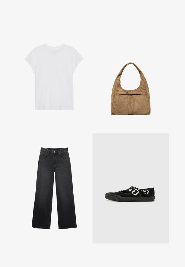 Witte t-shirt met korte mouwen, ronde hals, relaxte pasvorm, gemaakt van zacht katoen. Glad textuur, geen patronen of logo's.; Zwarte wijde denim jeans met knoopsluiting aan de voorkant, ritssluiting, riemlussen en vijfzakkenontwerp op een witte achtergrond.; Vans MARY JANE - Ballerina's - black; Bruine suède schoudertas met brede band, vooraan gespdetail en twee grote voorzakken tegen een witte achtergrond.