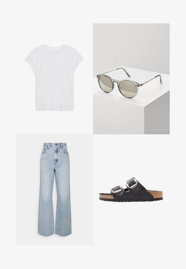 Witte t-shirt met korte mouwen, ronde hals, relaxte pasvorm, gemaakt van zacht katoen. Glad textuur, geen patronen of logo's.; Lichtblauwe denim broek met wijde pijpen, hoge taille, klassiek vijfzakkenontwerp en contrasterende stiksels. Rauwe zoom aan de onderkant.; Zwarte sandaal met twee verstelbare banden, zilveren gespen en een kurken voetbed op een gestructureerde zwarte rubberen zool.; Ronde zonnebrillen met transparante grijze monturen en grijs-getinte lenzen. Metalen accenten op de veren en gebogen armen voor stabiliteit.