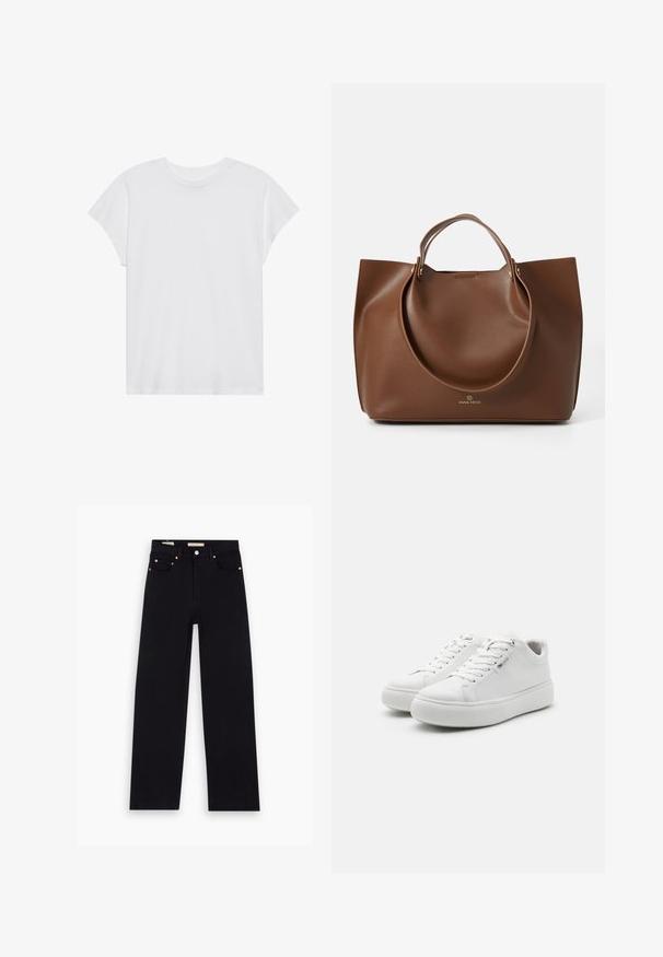 Hvid kortærmet t-shirt med rund hals, afslappet pasform, lavet af blødt bomuldsstof. Glat tekstur, ingen mønstre eller logoer.; Sorte denim jeans med lige pasform, fem lommer, kobberdetaljer og en glat tekstur. To mærker synlige på taljebåndet.; Hvide lavtop sneakers med en glat lærredsoverdel, rund tå og tyk gummisål. Har snørebånd foran og et minimalistisk design.; Brun læder tote bag med en glat tekstur, store runde håndtag, prydet med minimalistisk design og logo prentet på bunden.