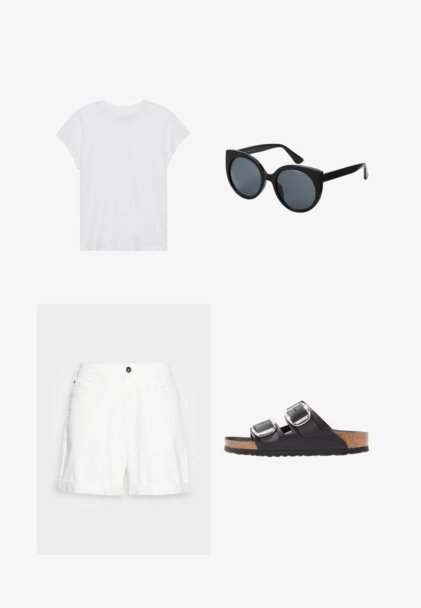 Weißes kurzärmliges T-Shirt mit Rundhalsausschnitt, lockerer Passform, aus weichem Baumwollstoff. Glatte Textur, keine Muster oder Logos.; Weiße Denim-Shorts mit umgeschlagenem Saum, Fünf-Taschen-Design und einem schwarzen Knopf an der Taille. Weicher Stoff und lässiger Schnitt.; Schwarze Sandale mit zwei verstellbaren Riemen, silbernen Schnallen und einem Korkfußbett auf einer strukturierten schwarzen Gummisohle.; Schwarze übergroße Sonnenbrille mit Katzenaugenform, dunkel getönten Gläsern und glänzendem Kunststoffrahmen. Verfügt über dicke Bügel für Unterstützung.