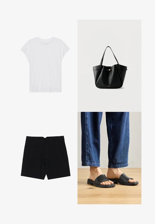 Hvid kortærmet t-shirt med rund hals, afslappet pasform, lavet af blødt bomuldsstof. Glat tekstur, ingen mønstre eller logoer.; Sorte shorts lavet af et glat stof, der har sidelommer, en skræddersyet pasform og strukturerede læg foran for en ren silhuet.; Sorte slip-on sandaler lavet af glat materiale, med åben tå og en bred toprem, sat mod mørk denim bukser med lige pasform.; Sort læder-tote taske med to skulderremme, en lille guldlås og "Anna Field" logo på en hvid baggrund.