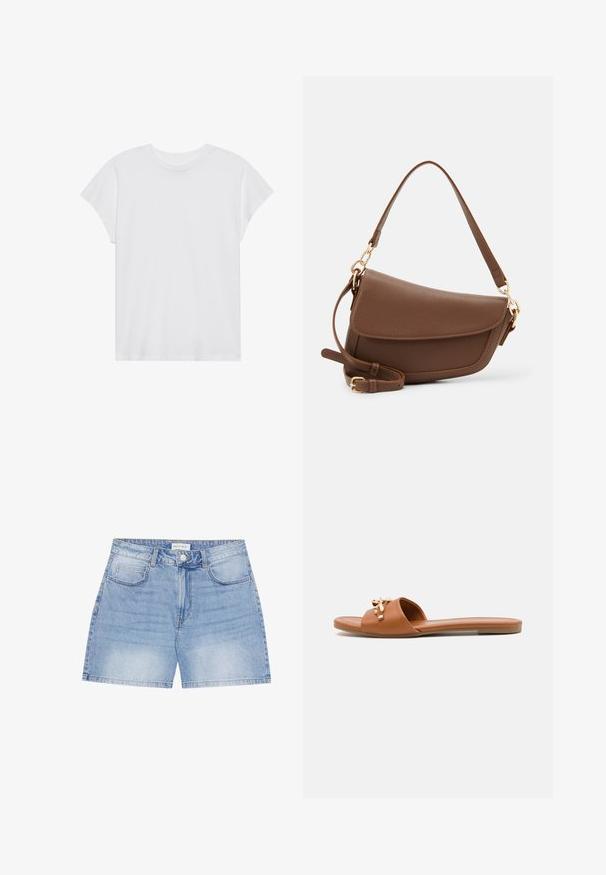 T-shirt blanc à manches courtes, col rond, coupe décontractée, en tissu de coton doux. Texture lisse, sans motifs ni logos.; Short en jean bleu clair avec fermeture à boutons à l'avant, passants de ceinture et style cinq poches, marque Anna Field.; Sandale plate marron avec une large bride, ornée d'un accent décoratif de couleur dorée. Texture lisse, design minimaliste et profil bas.; Sac à épaule en cuir marron avec une finition texturée, forme courbée, quincaillerie dorée, bandoulière réglable et fermeture à rabat.