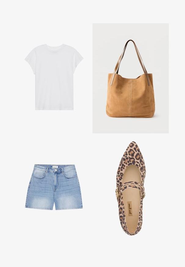 Hvid kortærmet t-shirt med rund hals, afslappet pasform, lavet af blødt bomuldsstof. Glat tekstur, ingen mønstre eller logoer.; Lyseblå denimshorts med forreste knaplukning, bæltestropper og fem-lommer, mærket Anna Field.; Leopard-print Mary Jane sko med spids tå, blødt stof overdel og en rem forsynet med en guldbuckle. Kig til cremeforing og sål.; Beige ruskindtaske med lange lysebrune læderstropper, blød tekstur og enkel syning på en ensfarvet hvid baggrund.