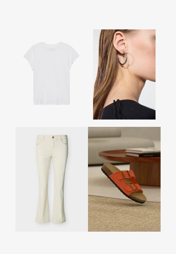 T-shirt blanc à manches courtes, col rond, coupe décontractée, en tissu de coton doux. Texture lisse, sans motifs ni logos.; Jeans bootcut pour femmes de couleur crème avec bouton à l'avant, fermeture éclair, et poches avant sur un fond blanc.; Sandale orange à deux brides avec boucles dorées et semelle en liège flottant au-dessus d'un tapis beige tissé, table ronde en bois et livres en arrière-plan.; Boucle d'oreille en argent avec une finition polie, présentant de petits détails en or et de forme ronde, portée sur le lobe.