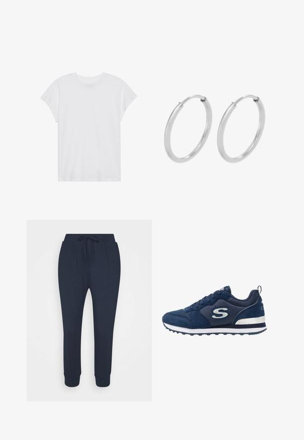 Hvid kortærmet t-shirt med rund hals, afslappet pasform, lavet af blødt bomuldsstof. Glat tekstur, ingen mønstre eller logoer.; Marineblå sweatpants med snor i taljen, tapered ben og ribbede manchetter; lavet af blødt, holdbart stof med sidelommer.; Mørkeblå sportssko lavet af ruskind og mesh-materialer, med et fremtrædende sølvlogo, struktureret overdel og en hvid mellemsål.; Sølv hoops øreringe, cirkulær form, glat skinnende tekstur og ensartet bredde hele vejen igennem. Minimalistisk design uden yderligere accenter.
