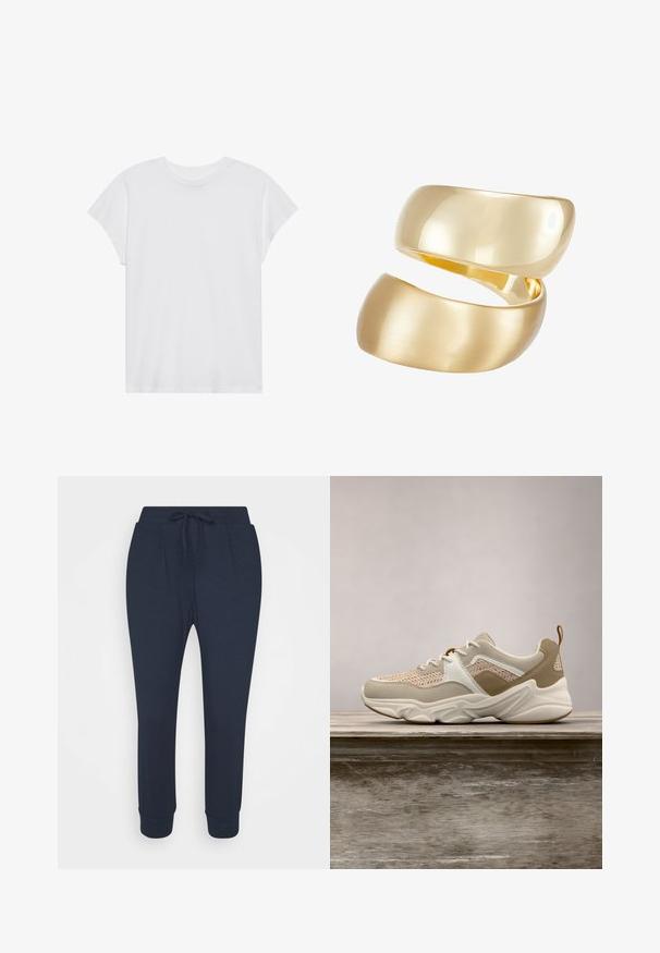 T-shirt blanc à manches courtes, col rond, coupe décontractée, en tissu de coton doux. Texture lisse, sans motifs ni logos.; Pantalons de survêtement bleu marine avec une taille élastique à lacet, jambes fuselées et poignets côtelés ; fabriqués à partir d'un tissu doux et durable avec des poches latérales.; Baskets légères avec une tige en mesh beige, des accents blancs et des détails texturés en tan. Semelle en caoutchouc épaisse avec un motif ondulé unique.; Bague en ton or composée de deux bandes entrelacées ; la partie supérieure est polie et réfléchissante, tandis que la partie inférieure a une finition mate.