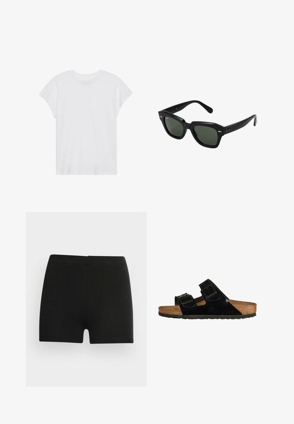 Weißes kurzärmliges T-Shirt mit Rundhalsausschnitt, lockerer Passform, aus weichem Baumwollstoff. Glatte Textur, keine Muster oder Logos.; Schwarze Baumwollshorts mit taillierter Passform und elastischem Bund. Glatte Textur, mittellange Beinlänge bis zum Oberschenkel, ohne sichtbare Muster oder Verzierungen.; Schwarze Lackledersandalen mit zwei verstellbaren Riemen, Korkfußbett und Gummisohle, die eine glatte Struktur und ein minimalistisches Design aufweisen.; Schwarze quadratische Sonnenbrillen mit dunkelgrünen Gläsern, ausgestattet mit markanten Rahmen und silbernen Akzenten an den Seiten. Hergestellt in Italien.