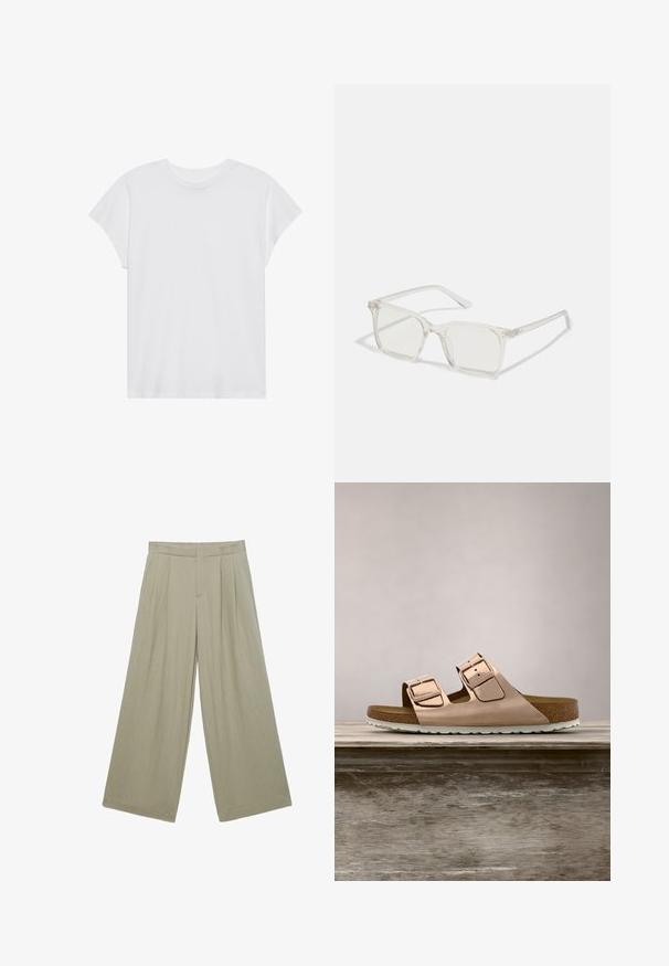 Hvid kortærmet t-shirt med rund hals, afslappet pasform, lavet af blødt bomuldsstof. Glat tekstur, ingen mønstre eller logoer.; Beige bukser med vide ben, forplejede foran, en taljebånd og skjult lukning foran.; Rosenfarvede slidesandaler i metal med to justerbare metalspænder, korkfodbed og hvid gummisål. Glat metalfinish, åben tå-design.; Klare plastiske briller med firkantet ramme og gennemsigtige linser, der har guld accenter på tempelstængerne for ekstra detaljer.