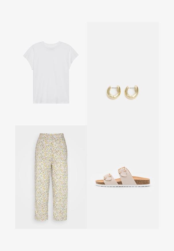 Hvid kortærmet t-shirt med rund hals, afslappet pasform, lavet af blødt bomuldsstof. Glat tekstur, ingen mønstre eller logoer.; Lollys Laundry MAISIE PANTS - Bukser - yellow; Beige slidesandaler med to justerbare stropper og guldfarvede spænder. Korksål med en struktureret hvid gummisål.; Guld-tone hoop øreringe med en glat, poleret overflade. Har en halvcirkelform og en sikker stiftlukning.