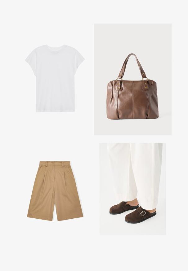 Camiseta blanca de manga corta con cuello redondo, corte relajado, hecha de suave tela de algodón. Textura lisa, sin estampados ni logotipos.; Pantalones cortos de algodón beige con un corte relajado, que presentan pliegues, cierre de botón y bolsillos laterales. Textura suave y diseño hasta la rodilla.; Persona que lleva pantalones blancos y zapatos tipo slip-on de ante marrón oscuro con una hebilla plateada, de pie sobre una superficie blanca lisa.; Bolso de cuero marrón con dos asas para hombro unidas mediante anillas y remaches en tono dorado, mostrado sobre un fondo claro y liso.