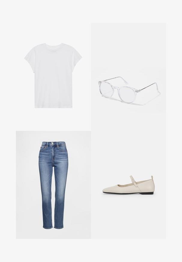 T-shirt blanc à manches courtes, col rond, coupe décontractée, en tissu de coton doux. Texture lisse, sans motifs ni logos.; Jean bleu taille haute en denim, doté d'un design classique à cinq poches, de légères usures et d'une coupe droite.; Ballerines en cuir blanc avec bout pointu, bride à la cheville et petit talon noir. Texture lisse avec des accents minimaux.; Lunettes rondes transparentes avec des verres en plastique et des branches en métal argenté. Design minimaliste avec des détails subtils au niveau de la charnière.