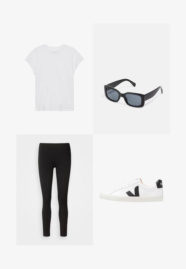 Hvid kortærmet t-shirt med rund hals, afslappet pasform, lavet af blødt bomuldsstof. Glat tekstur, ingen mønstre eller logoer.; Sorte leggings lavet af strækbart stof med en sømløs talje, tætsiddende design og glat tekstur, velegnet til forskellige aktiviteter.; Hvide sneakers med et sort V-logo, der har en glat læderoverdel, rund tå, snørrelukning og en kontrasterende sort hælflap.; Sorte rektangulære solbriller med mørkt tonede linser, tyk plastramme og brede stænger. Glat overflade og kantet design.