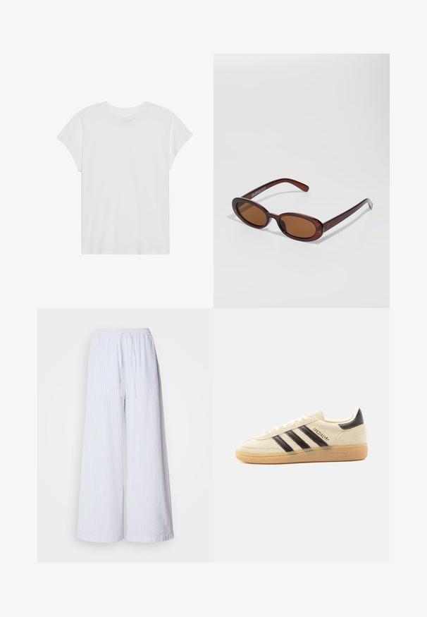 Camiseta blanca de manga corta con cuello redondo, corte relajado, hecha de suave tela de algodón. Textura lisa, sin estampados ni logotipos.; Pantalones de pierna ancha blancos con rayas azul claro, con cintura elástica ajustable y una tela texturizada.; Zapatilla de ante color crema con rayas negras, suela de goma, lengüeta negra en el talón y texto dorado "SPEZIAL" en el lateral.; Gafas de sol redondas con tinte marrón y un marco burdeos brillante. Patillas delgadas con un sutil detalle de marca. Diseño de lentes planos.