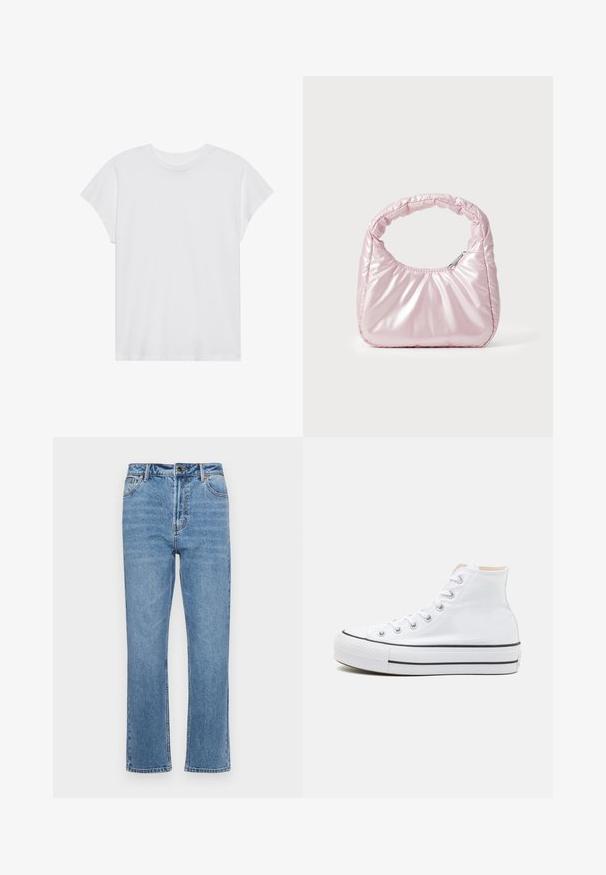 Witte t-shirt met korte mouwen, ronde hals, relaxte pasvorm, gemaakt van zacht katoen. Glad textuur, geen patronen of logo's.; Lichtblauwe denim jeans met een rechte pijp, vijf zakken, een sluiting met een knoop aan de voorkant en subtiele vervaging op de stof.; Witte hoge sneakers van canvasmateriaal, zwarte rubberen zool en contrasterende zwarte streep op de tussenzool. Circulaire neus en vetersluiting.; Roze, gevoerde handtas met een afgeronde vorm, gemaakt van glanzend materiaal. Beschikt over een geplooide handgreep en een ritssluiting voor veilige toegang.