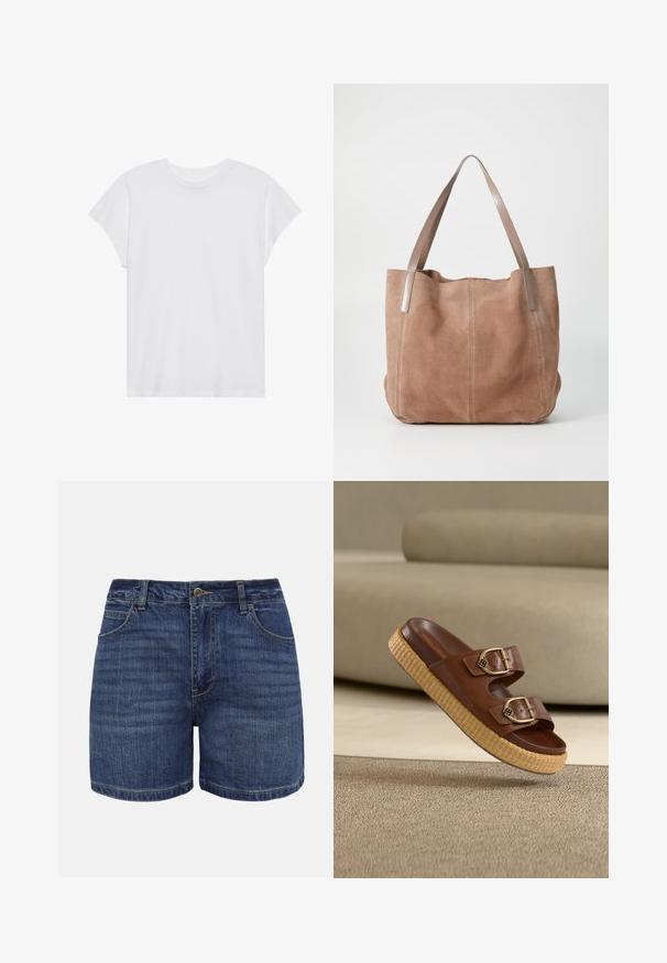 T-shirt blanc à manches courtes, col rond, coupe décontractée, en tissu de coton doux. Texture lisse, sans motifs ni logos.; Shorts en denim bleu foncé avec bouton frontal, fermeture éclair, passants pour ceinture et poches avant, présentés sur un fond blanc.; Sandale mule en cuir marron avec deux boucles dorées et une épaisse semelle plateforme tissée sur un tapis beige et un canapé en arrière-plan.; Anna Field by Zalando LEATHER - Cabas - taupe