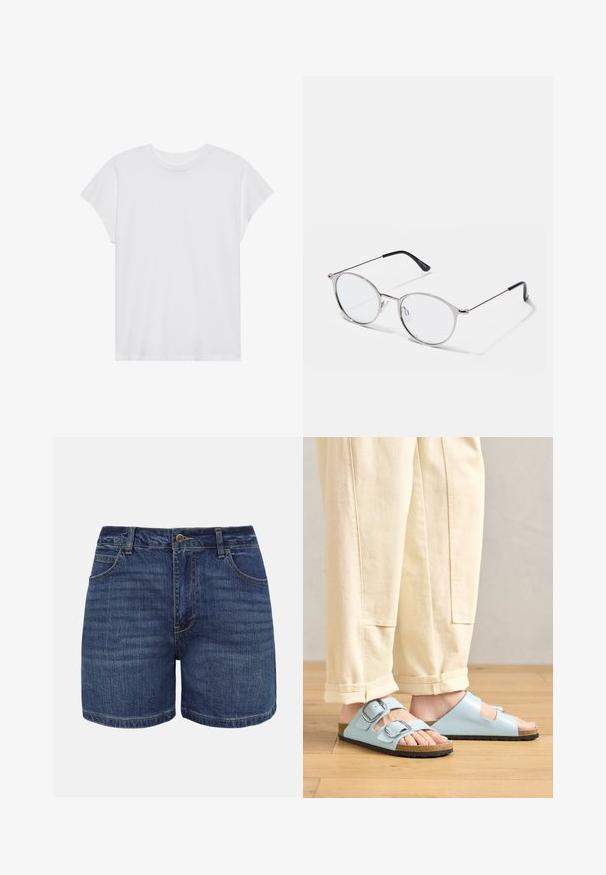 T-shirt blanc à manches courtes, col rond, coupe décontractée, en tissu de coton doux. Texture lisse, sans motifs ni logos.; Shorts en denim bleu foncé avec bouton frontal, fermeture éclair, passants pour ceinture et poches avant, présentés sur un fond blanc.; Sandales ouvertes bleu clair avec double boucles, semelle en liège et semelle en caoutchouc noir, accompagnées de pantalons larges crème.; Lunettes en métal argenté avec des verres ronds et une fine monture. Les embouts de branches noirs offrent un contraste. Plaquettes de nez ajustables incluses.