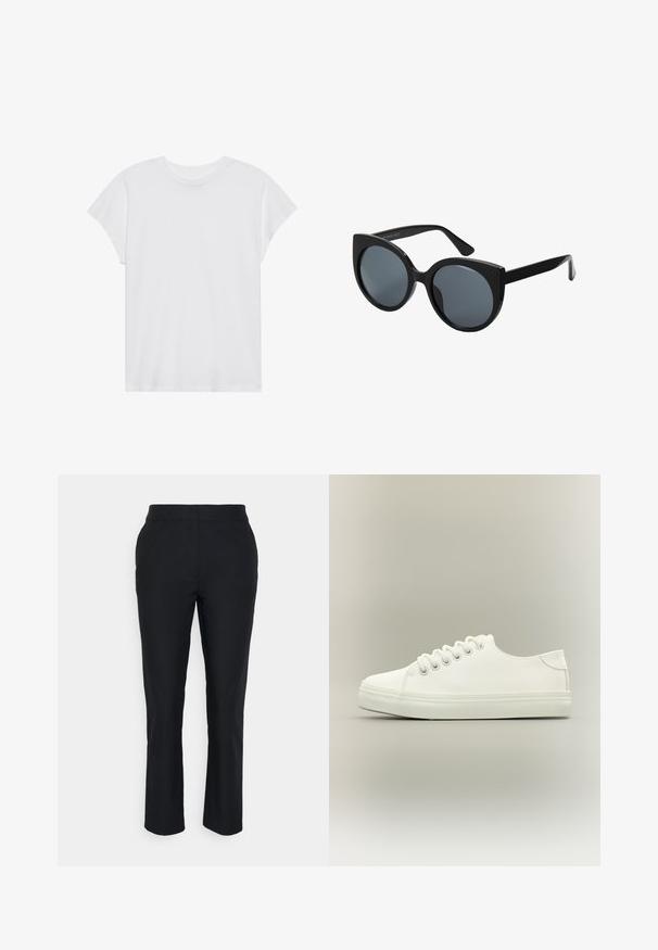 Camiseta blanca de manga corta con cuello redondo, corte relajado, hecha de suave tela de algodón. Textura lisa, sin estampados ni logotipos.; Pantalones negros ajustados con pierna recta, hechos de una tela suave. Presentan una cinturilla sin cierres visibles ni bolsillos.; Zapatilla blanca baja con cordones blancos y suela de goma mostrada desde vista lateral sobre un fondo neutro.; Gafas de sol negras de gran tamaño con forma de ojo de gato, lentes oscuros y montura de plástico brillante. Presenta patillas gruesas para mayor soporte.