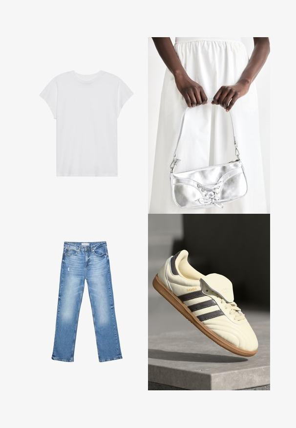 Weißes kurzärmliges T-Shirt mit Rundhalsausschnitt, lockerer Passform, aus weichem Baumwollstoff. Glatte Textur, keine Muster oder Logos.; Hellblaue Jeans aus Denim, mit geradem Bein, ausgewaschenen Stellen und subtilen Abnutzungen. Verfügt über fünf Taschen und einen klassischen Knopfverschluss.; Cremfarbene Ledersneaker mit drei dunklen Streifen, einer braunen Gummisohle und einer abgerundeten Zehenpartie. Hat eine faltbare Zunge, die mit "SAMBA" beschriftet ist.; Silberne metallische Handtasche mit Schnürdetail, die ein elegantes Design und einen kurzen Tragegurt aufweist. Die Tasche wird in den Händen gehalten und zeigt ihre Textur.