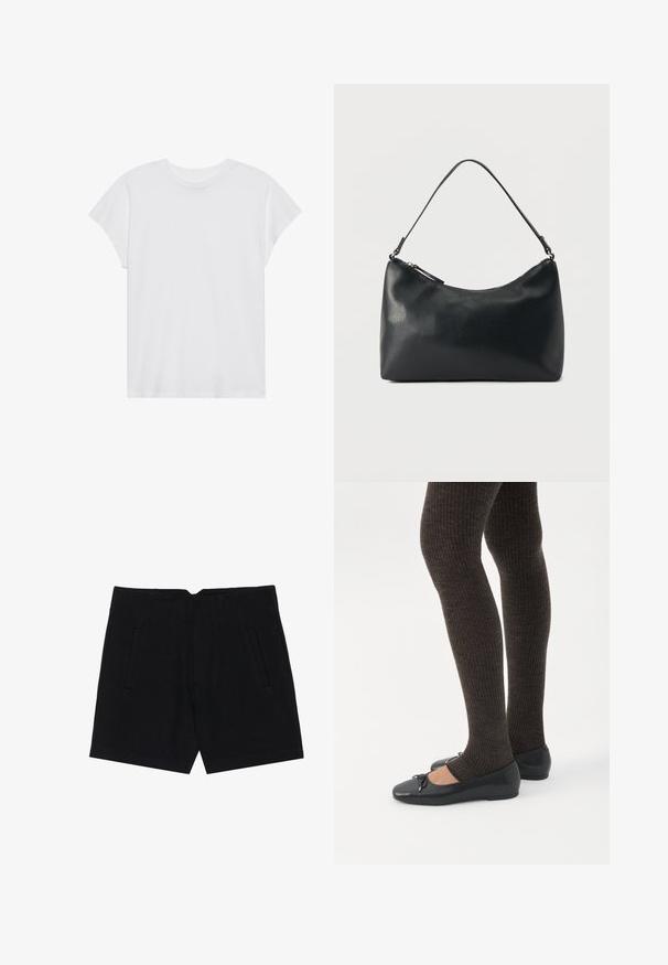 T-shirt blanc à manches courtes, col rond, coupe décontractée, en tissu de coton doux. Texture lisse, sans motifs ni logos.; Shorts noirs en tissu lisse, avec des poches latérales, une coupe ajustée et des plis structurés à l'avant pour une silhouette épurée.; Jambes portant des leggings côtelés foncés associés à des ballerines noires avec de petits détails en nœud sur fond blanc.; Sac bandoulière en cuir noir texturé avec fermeture éclair incurvée en haut et une seule sangle ajustable sur fond uni.