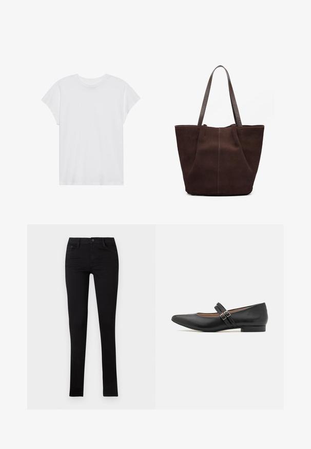 Weißes kurzärmliges T-Shirt mit Rundhalsausschnitt, lockerer Passform, aus weichem Baumwollstoff. Glatte Textur, keine Muster oder Logos.; Schwarze, enge Jeans aus Denim mit niedriger Taille, vorderen Taschen und Knopfverschluss. Mit einer glatten Textur und minimalistischen Design.; Schwarzer Leder-Mary-Jane-Schuh im Stil mit spitzem Fuß, zwei Riemen mit Schnallen, niedrigem Absatz und glatter Textur. Für ein formelles Erscheinungsbild entworfen.; Brauner Wildleder-Umhängetasche mit zwei strukturierten Ledergriffen. Sie verfügt über ein einfaches, offenes Design und subtile Nähte entlang der vorderen Naht.