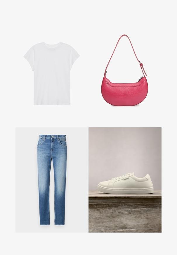 Hvid kortærmet t-shirt med rund hals, afslappet pasform, lavet af blødt bomuldsstof. Glat tekstur, ingen mønstre eller logoer.; Lyseblå denimjeans med lige pasform, falmet tekstur, fem lommer og knaplukning i taljen. Distinktiv syningsdetalje.; Hvide lædersneakers med snørebånd svævende over en træbænk, grøn høj græs sløret i baggrunden udendørs.; Lyserød læderhandbag med en buet form, en enkelt justerbar skulderrem og en top-lynlås. Tekstureret overflade med synlige folder.
