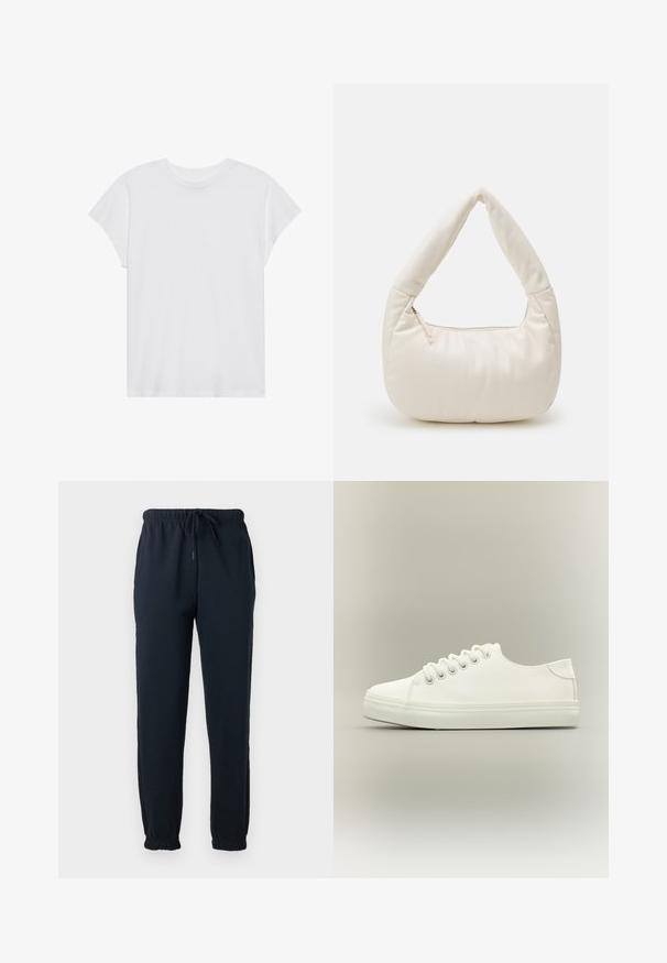 T-shirt blanc à manches courtes, col rond, coupe décontractée, en tissu de coton doux. Texture lisse, sans motifs ni logos.; Pantalon de survêtement noir avec taille élastique, cordon, poches latérales et poignets élastiques aux chevilles.; Baskets basses blanches avec lacets blancs et semelle en caoutchouc, vues de côté sur un fond neutre.; Sac à main rembourré couleur crème avec une poignée incurvée et une fermeture éclair. Présente une texture lisse et une forme ronde pour un look contemporain.