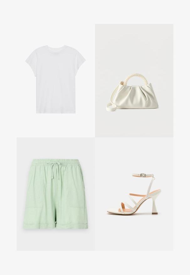Witte t-shirt met korte mouwen, ronde hals, relaxte pasvorm, gemaakt van zacht katoen. Glad textuur, geen patronen of logo's.; Lichtgroene shorts van een linnenmix met een elastische tailleband, trekkoordsluiting en twee voorzakken; heeft een opgerold zoomdetail.; Witte sandaal met hoge hakken en straps, met een enkelgesp, een gladde textuur, vierkante neus en een sculptuurhak. Lichtbeige binnenzool.; Kleine witte handtas met een gerimpeld lichaam, ronde handgreep versierd met parels en een afneembare schouderriem tegen een effen achtergrond.