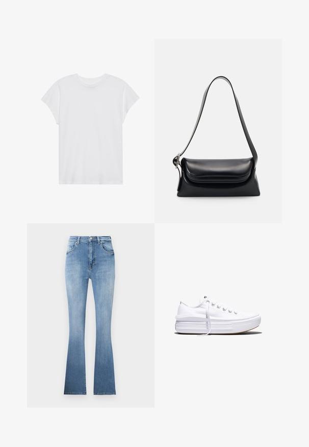 Witte t-shirt met korte mouwen, ronde hals, relaxte pasvorm, gemaakt van zacht katoen. Glad textuur, geen patronen of logo's.; Lichtblauwe flared jeans van denim, met een hoge taille, voorzakken en een subtiele vervaging naar de zoom. Kenmerkt zich door lichte stiksels.; Witte lage canvas sneaker met dikke plateauzool, veters aan de voorkant en rubberen toeskap met structuur, zijaanzicht.; Zwarte leren handtas met een gestructureerde vorm, een gladde textuur en een enkele schouderband. Heeft een subtiele, afgeronde klepontwerp.