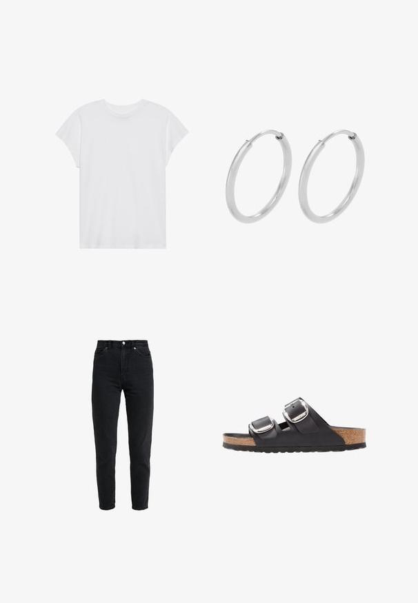 Hvid kortærmet t-shirt med rund hals, afslappet pasform, lavet af blødt bomuldsstof. Glat tekstur, ingen mønstre eller logoer.; High-waist sort denim jeans med forreste knap og lynlås, to forlommer og en tilspidset ben foran på en hvid baggrund.; Sort sandal med to justerbare remme, sølvspænder og en korksål på en struktureret sort gummisål.; Sølv hoops øreringe, cirkulær form, glat skinnende tekstur og ensartet bredde hele vejen igennem. Minimalistisk design uden yderligere accenter.