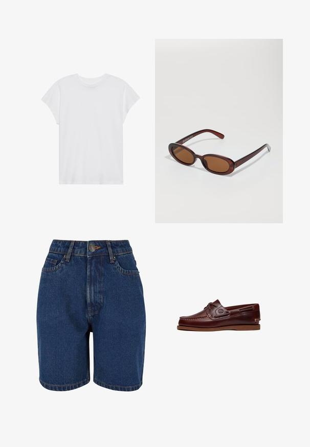 Weißes kurzärmliges T-Shirt mit Rundhalsausschnitt, lockerer Passform, aus weichem Baumwollstoff. Glatte Textur, keine Muster oder Logos.; Denim-Shorts in dunklem Blau, mit hoher Taille, Fünf-Taschen-Design und kontrastierenden orangefarbenen Nähten. Der Stoff wirkt strukturiert.; Brauner Leder-Bootsschuh mit Schnürsenkeln, Nahtdetails und Timberland-Logo an der Seite, auf weißem Hintergrund gezeigt.; Runde, braun getönte Sonnenbrillen mit einem glänzenden burgunderfarbenen Rahmen. Schlanke Bügel mit dezentem Branding. Flaches Linsendesign.