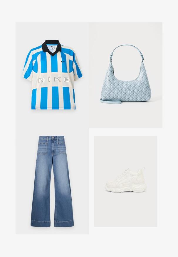 Kortærmet Nike sportstrøje med lodrette blå og hvide striber, sort krave og "NIKE" tekst hen over brystet.; Bredde ben blå denim jeans med høj talje, to forlommer og to baglommer, med en ren finish og subtilt slid.; Kraftig hvid sneaker med stjerneformede lapper på siderne og tekstureret tyk sål, vist fra ydersiden på en ensfarvet baggrund.; Lysblå håndtaske med en glat, tekstureret overflade, der har et geometrisk mønster af små diamanter og en aftagelig rem for alsidighed.
