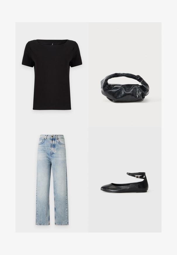 Zwarte T-shirt met korte mouwen en een vierkante halslijn, gemaakt van zachte katoenstof, met een minimalistisch ontwerp en een reguliere pasvorm.; Lichtblauwe jeans met een rechte pijpdesign, gemaakt van denim. Bevat vijf zakken, een knoopsluiting en subtiele vervaging overal.; Zwarte platte balletschoen met een ronde neus en een dunne enkelsstrap die is vastgezet met een kleine metalen gesp.; Zwarte tas van glanzend, textuur materiaal met een ronde, gedraaide handgreep en een ritsluiting. Heeft een zacht, gekreukt ontwerp.