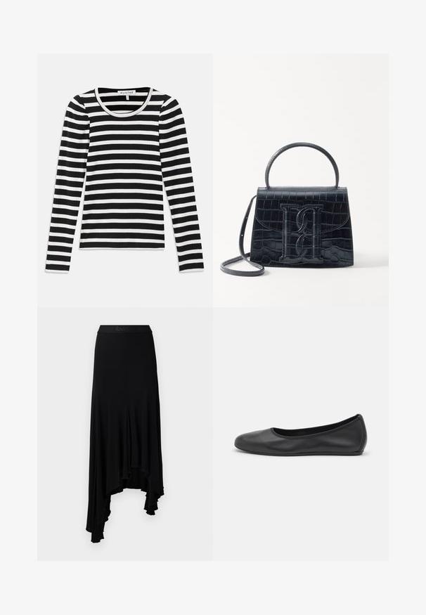 Top de manga larga de canalé con rayas horizontales en blanco y negro. Presenta un escote redondo y un ribete en contraste. Textura de tela suave.; Falda negra asimétrica con dobladillo ondulado, fabricada en un material suave y elástico, que cuenta con una cinturilla ancha con una marca en relieve.; Bailarina de piel negra con punta redondeada, textura suave, detalle de costura minimalista y diseño de suela flexible.; Bolso de mano de cuero negro con estampado de cocodrilo, diseño estructurado, asa superior, correa ajustable y un destacado detalle del logotipo en la parte frontal.